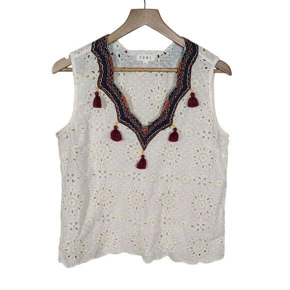 THML Tops - THML Womens Boho Eyelet Tassel Blouse Size L Embroidered Festival Top Cream